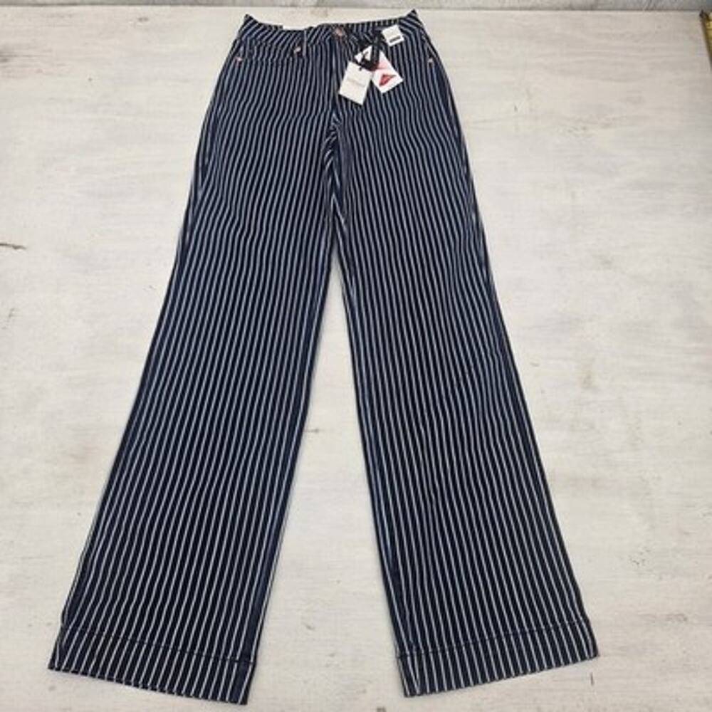 Judy Blue Womens Navy Stripe Pant High Rise Retro Wide Leg Pants 7/28 NWT